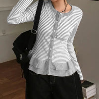 Retro Cake Hem Cardigan Striped Crew-Neck Womens Blouse