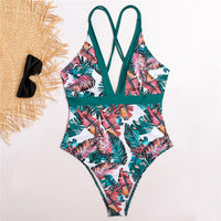 Leaf print lace-up swimsuit
