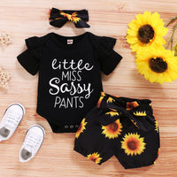 Cute Baby Short Sleeve Letter Jacket Sunflower Shorts Three-piece Set