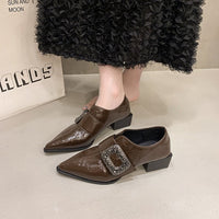 Women's Patent Leather Pointed Toe Block Heel Deep Vamp Pumps, Rhinestone Square Buckle Fashion Shoes, Versatile Commuter Elegant High Heels