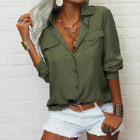Women's Elegant Solid Chiffon Blouse Spring Summer Casual Long Sleeve V Neck Loose Shirt Office Lady Tunics Tops
