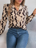 Women's Office Elegant Color Block Stripe Notched Lapel Long Sleeve Shirt