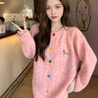 Women's Sweet Round Neck Color Buckle Puppy Pattern Long-sleeved Sweater Cardigan