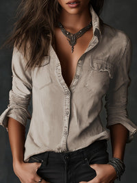 Women's Casual Vintage-style Distressed Long-sleeve Shirt