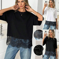 Summer Womens Crew Neck Pullover Lace Patchwork Loose T-Shirt