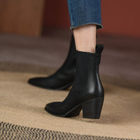 Womens Retro Pointed-toe Ankle Boots With Elastic Band And Chunky Heel