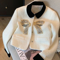 Classic Style Heavy Industry Beads Bow Stitching Turn-down Collar Coat