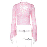 Sexy Deep V Slim Fit Midriff-baring Lace Long-sleeved Lace Top