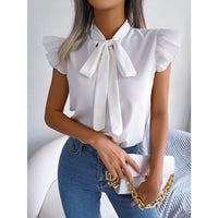 Women  Elegant Commute Ruffle Trim Tie Bow Chiffon Top