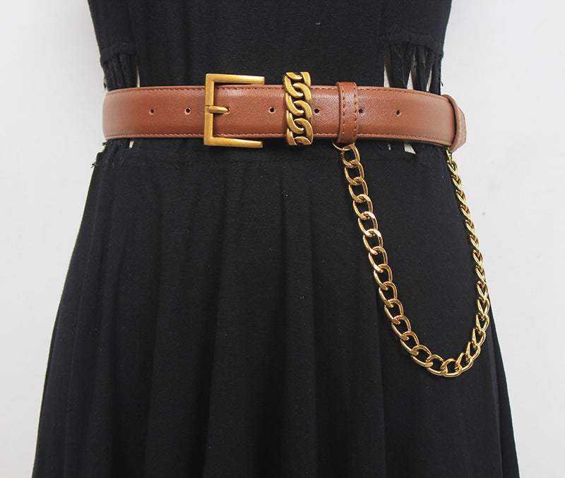 Versatile Ins Style Genuine Leather Gold Mouth Square Head Decorative Waistband