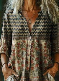 Women's Vintage Bohemian Floral Art Print Casual Cotton Linen Shirt