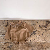 Embroidered Collar Romper Corduroy Long Sleeve Bag Butt Swimsuit