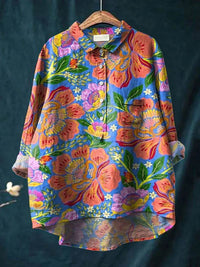Lapel Long Sleeve Shirt Vintage Floral Flower T-shirt Shirt