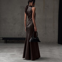 Stylish High-waisted Maxi Dress With Stand-up Collar