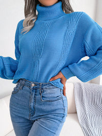Women Turtleneck Cable Knit Lantern Sleeve Sweater Top