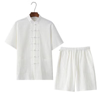 Men's Traditional Chinese Style Button-Placket Shirt And Middle-AgedSenior Monks Robe Two-Piece Set