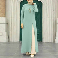 Muslim Women's Wear Ice Silk Wrinkle Long Sleeve High Slit Hem Dress