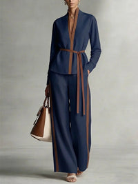 Women's Casual Patchwork Cardigan Shirt And Wide-Leg Pants Set