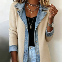 Denim Patchwork Suit Collar Coat Womens Top