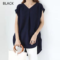 Women's Loose V-neck Short Sleeve Pleated Irregular Stitching Shirt