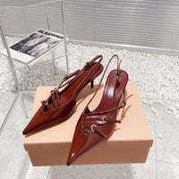French Style Pointed Toe Kitten Heel Sandals Closed Toe Back Strap High Heels Belt Buckle