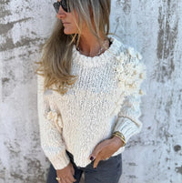 Women's Loose Flower Round Neck Long Sleeve Knitted Sweater