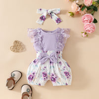 Children's Sleeveless Sunken Stripe Top Flower Shorts Suit