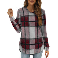 Women's Casual Loose Plaid Long Sleeve Round Neck Irregular Bottoming Shirt Top