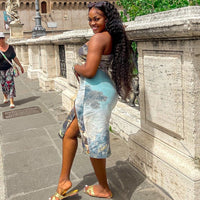 Fashionable Printed Backless Skirt With Half-Length Body-Hugging Fit And Side Slit For Women