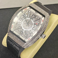 Barrel-shaped Minimalist Wristwatch Leather Strap Diamond Accents Quartz Watch