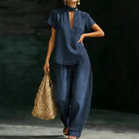 Solid-color Short-sleeve Casual Loose-fit Faux Denim Two-piece Set