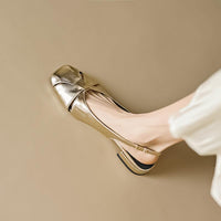 Authentic Leather Toe Box Women's Flat Shoes Back Strap Square Head