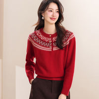 Womens Retro Fair Isle Knit Sweater With Buttons And A Crew Neck