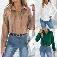 Pleated Solid-color Button-up Long-sleeve Business Shirt