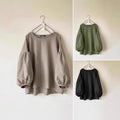 Women's Loose-fit Vintage Crew-neck Shirt With Puff Sleeves