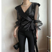Womens V-neck Panelled Puff-Sleeve Bow-Tie-Neck Blouse
