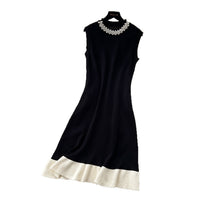 Beaded Crew Neck Sleeveless Flattering Knit Dress For Women In A Color Block Design