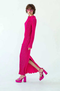 Solid-color Crew-neck Split-fit Long Dress