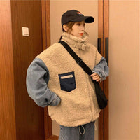 Denim-paneled lambskin coat