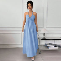 Blue Halter Neck Open Back Waist-cinching Slimming Beach Vacation Maxi Dress