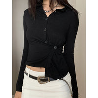 Casual Asymmetrical Button-up Lapel Long-sleeve Top