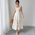 European And American Style French Cut-Waist Floral Embroidery Sleeveless Maxi Dress