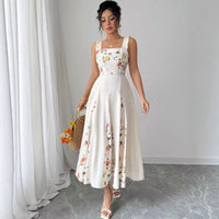 European And American Style French Cut-Waist Floral Embroidery Sleeveless Maxi Dress