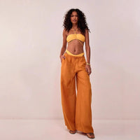 Womens Relaxed-fit Solid-color High-waist Wide-leg Casual Pants