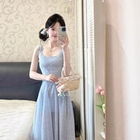 French Style Elegant Blue Lace Slip Dress For Women