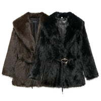 New Faux Fur Plush Lapel And Waist Tight Coat