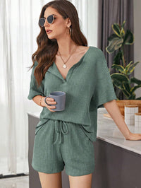 New Womens Short-Sleeve Waffle-Weave Casual Set