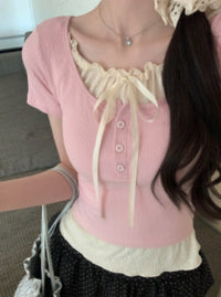 Women's Top With Chest Pad And Wooden Ear Fake Two-piece T-shirts