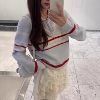 Striped Contrast Color Knitwear Women's Loose Polo Collar Pullover Sweater