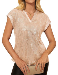 Womens Sequin V-Neck Short-Sleeve Party Top Shirt